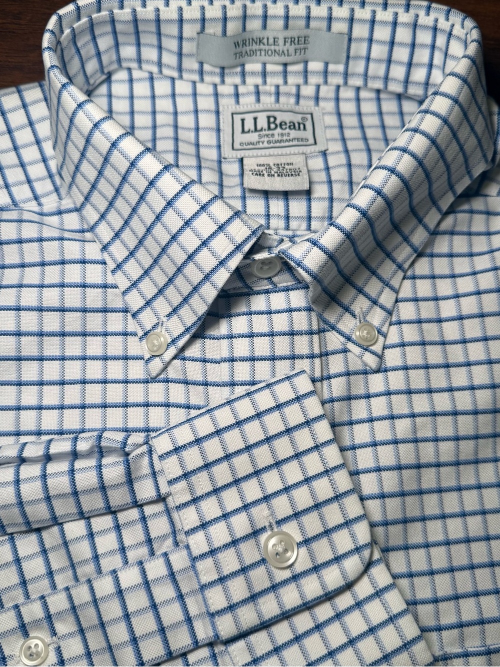 L.L. Bean Mens 16-33 Blue Check Wrinkle-Free Classic Prep Traditional Fit Shirt